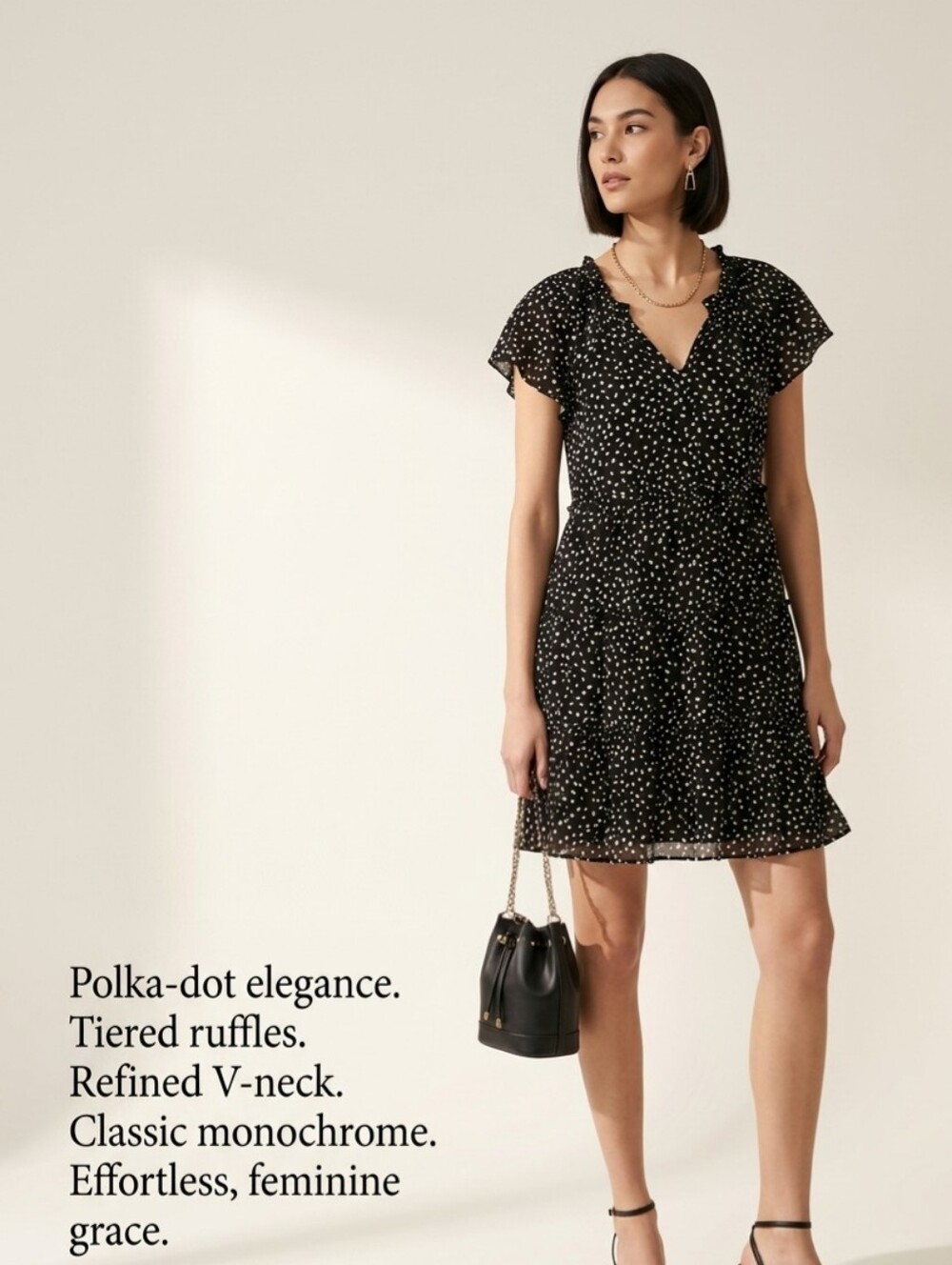 Beach Lunch Lounge SZ L Black White Polka Dot V-Neck Dress Short Flutter Sleeve